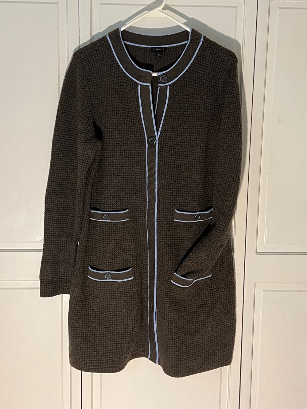 Talbots Dark Green Knit Long Cardigan with Light Blue Piping